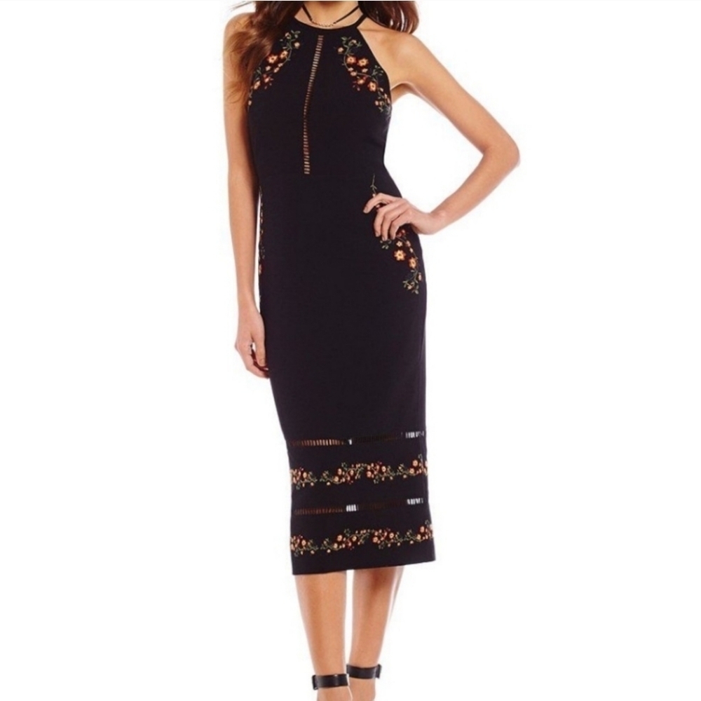 Gianni Bini Floral Embroidered Cut Out High Neck Halter Sleeveless Midi …